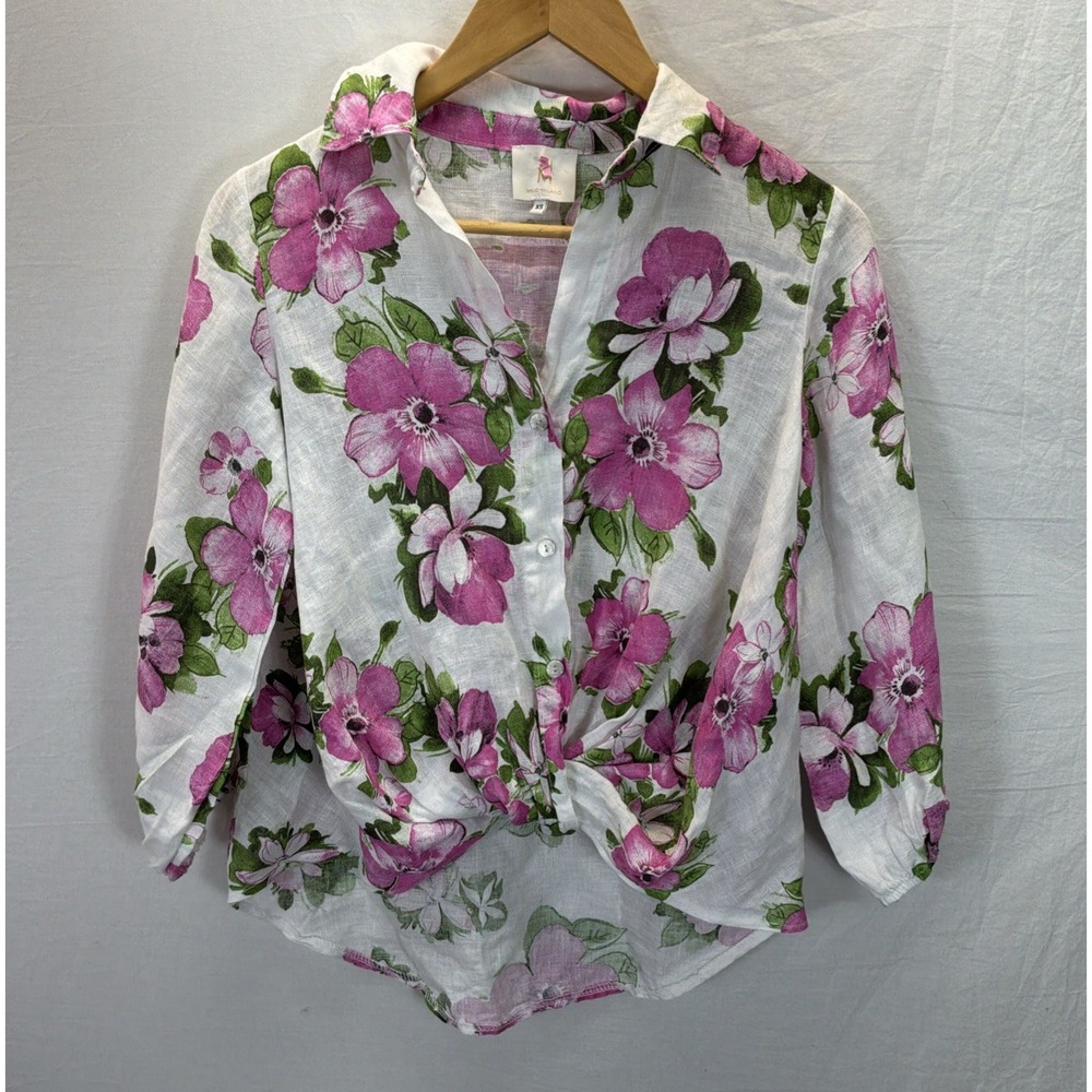 Milio Milano Italy Pink Tropical Linen Blend Faux Tie Front Top Button Sz XS